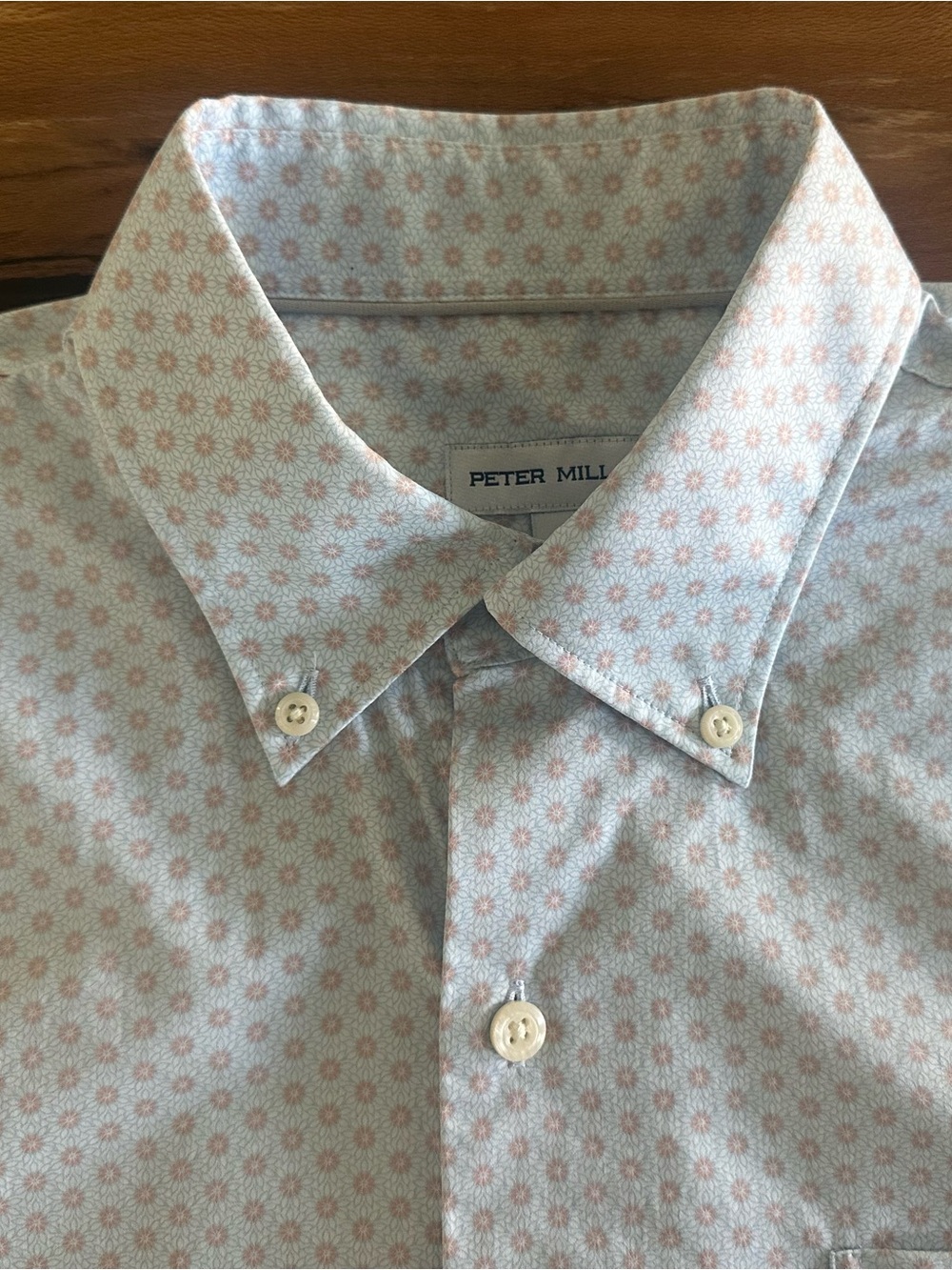 Peter Millar Light Blue Button-Down Short Sleeve Shirt Pink Starburst Print| Med